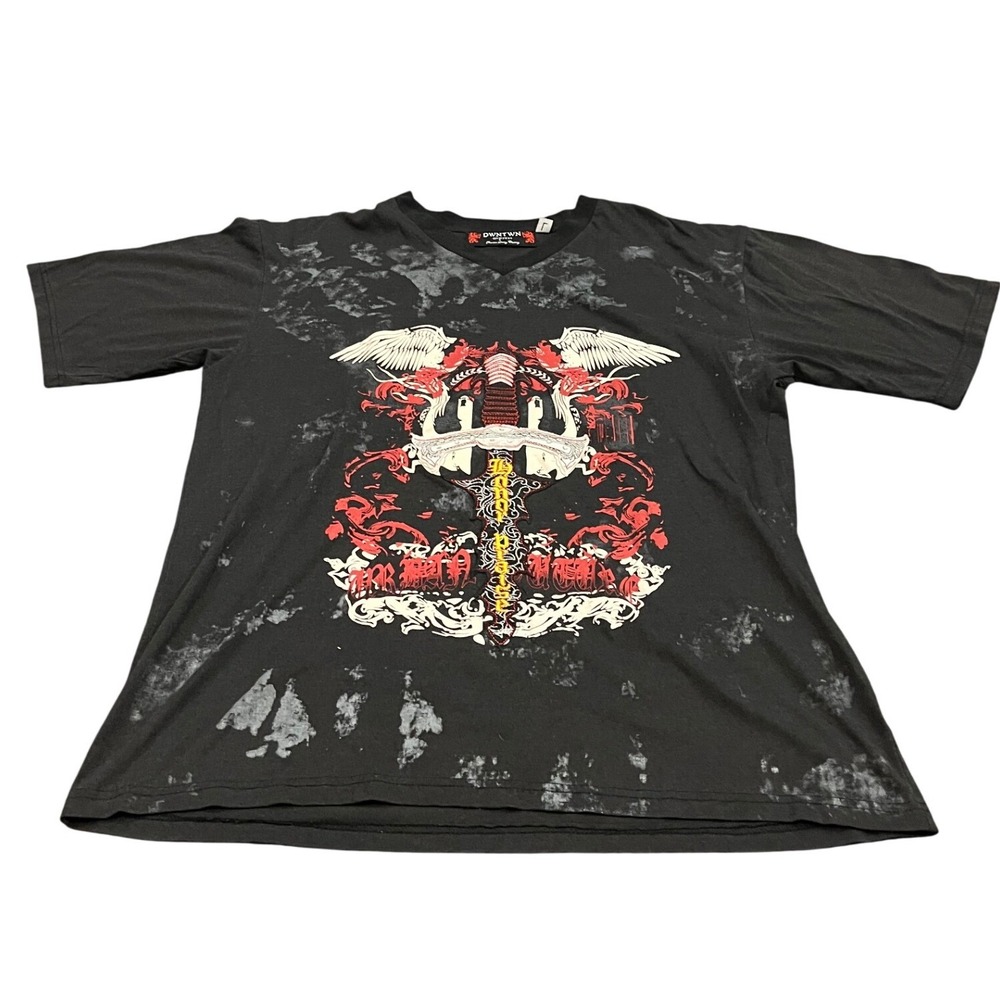 DWNTWN Express Graphic T-Shirt Mens L Black Y2K Gothic Sword Wings Distressed